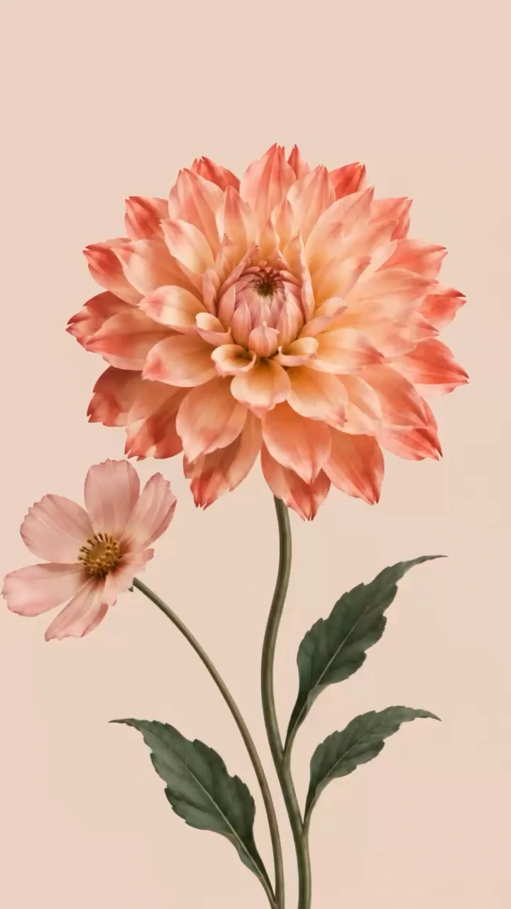 Decorative coral dahlia and cosmos flower study